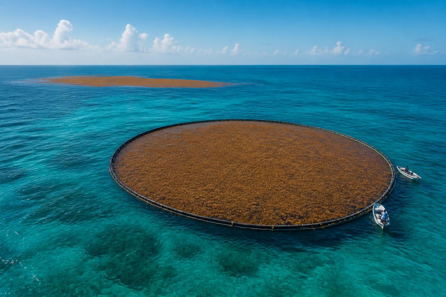Vista aérea de una playa del Caribe mexicano con una franja de sargazo y embarcación de recolección