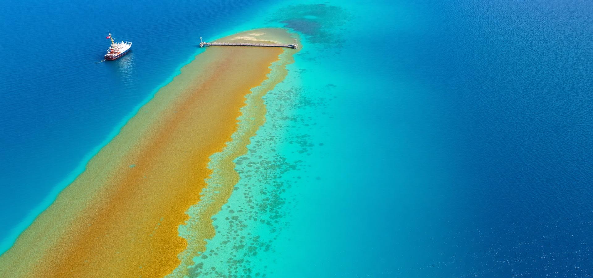 Vista aérea de una playa del Caribe mexicano con una franja de sargazo y embarcación de recolección